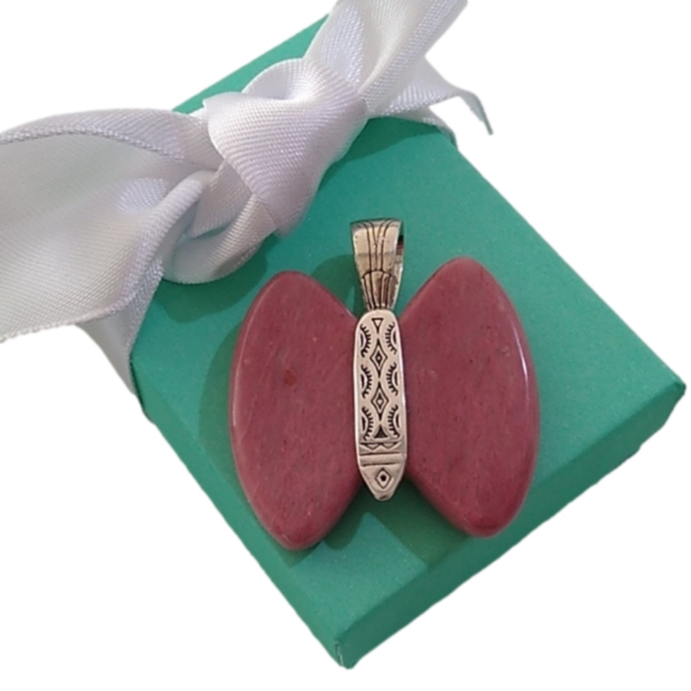 Vintage Carolyn Pollack Relios Butterfly Pendant Sterling Silver & Rhodochrosite